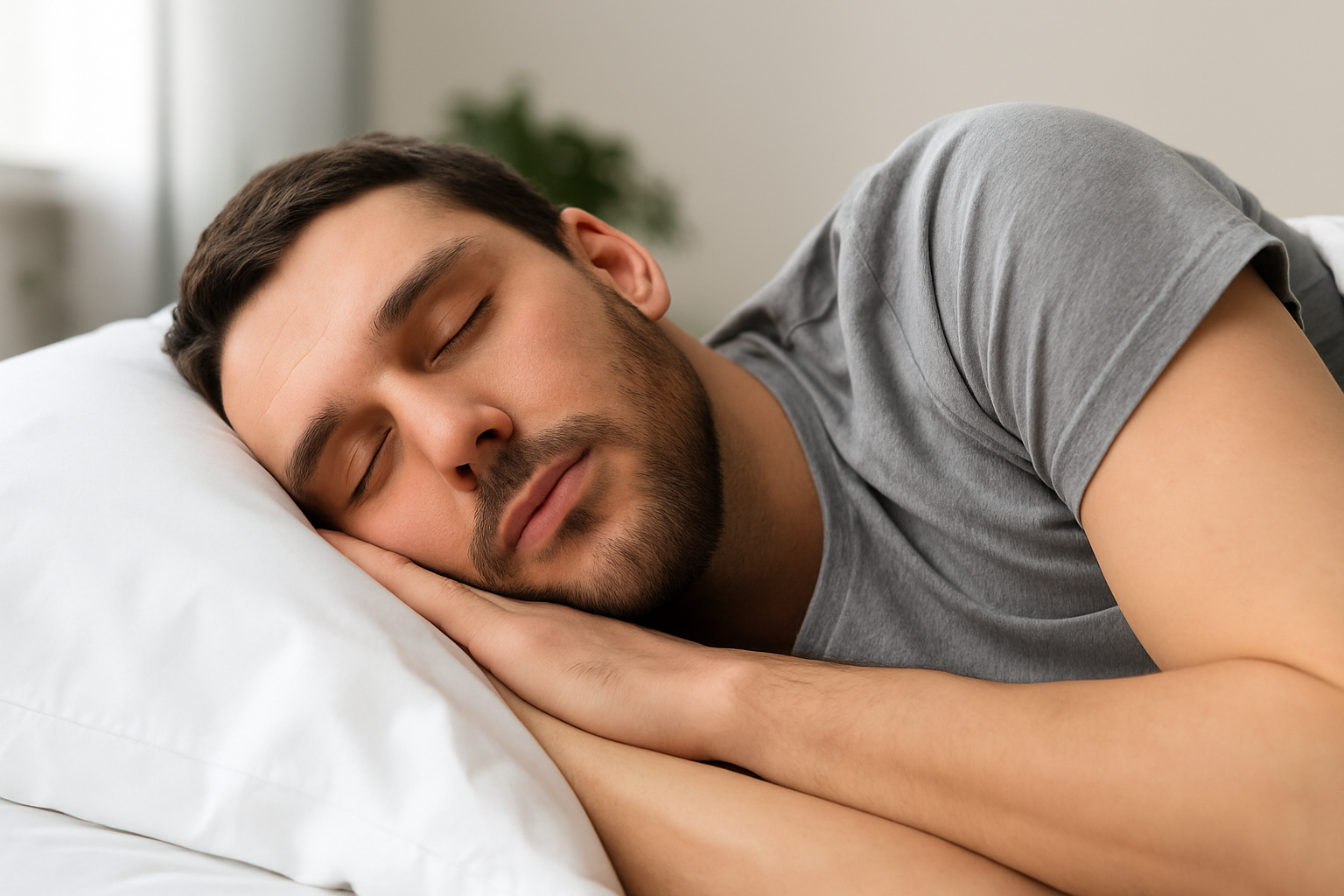 Man sleeping peacefully thanks to Silensio anti-snoring solutions
